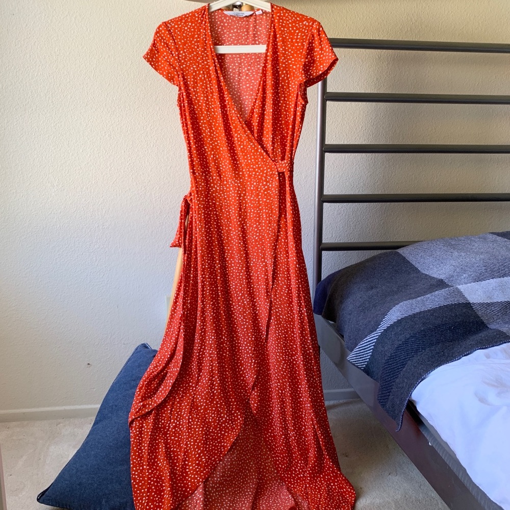 women Red Maxi Tea Dress, Wrap Dress